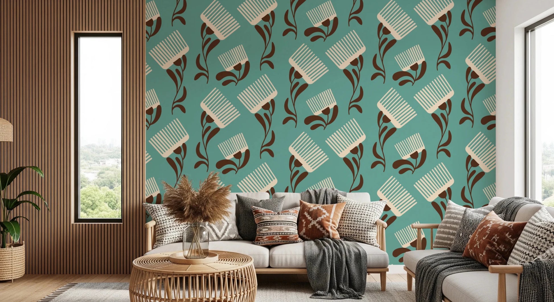 Mid Mod Wildflower Comb - Teal Beige Wallpaper⁠