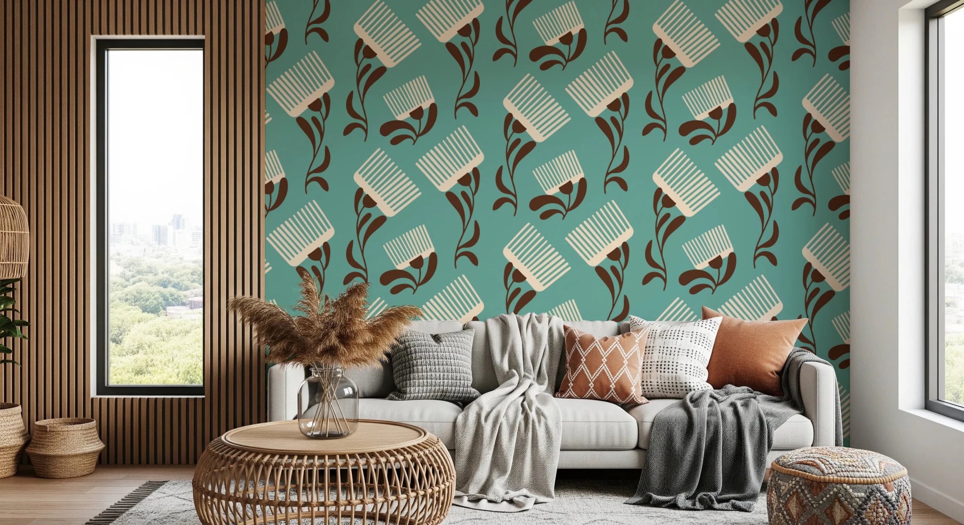 Mid Mod Wildflower Comb - Teal Beige Wallpaper⁠