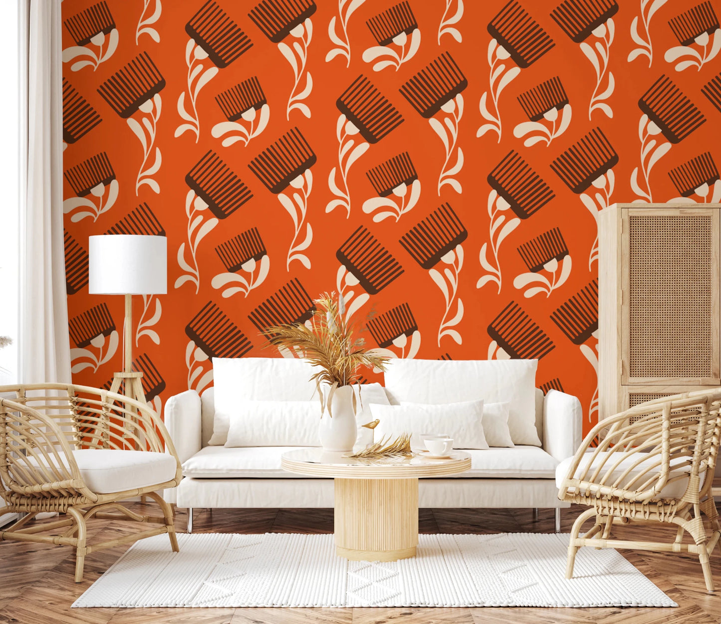 Mid Mod Wildflower Comb - Terracotta Chocolate Wallpaper⁠