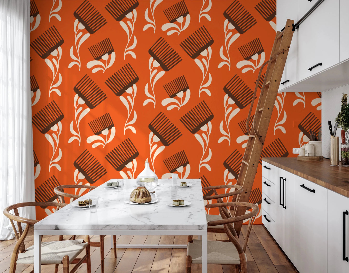 Mid Mod Wildflower Comb - Terracotta Chocolate Wallpaper⁠