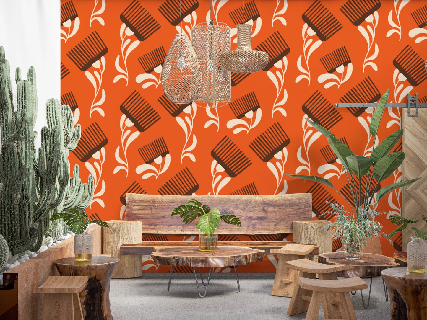 Mid Mod Wildflower Comb - Terracotta Chocolate Wallpaper⁠