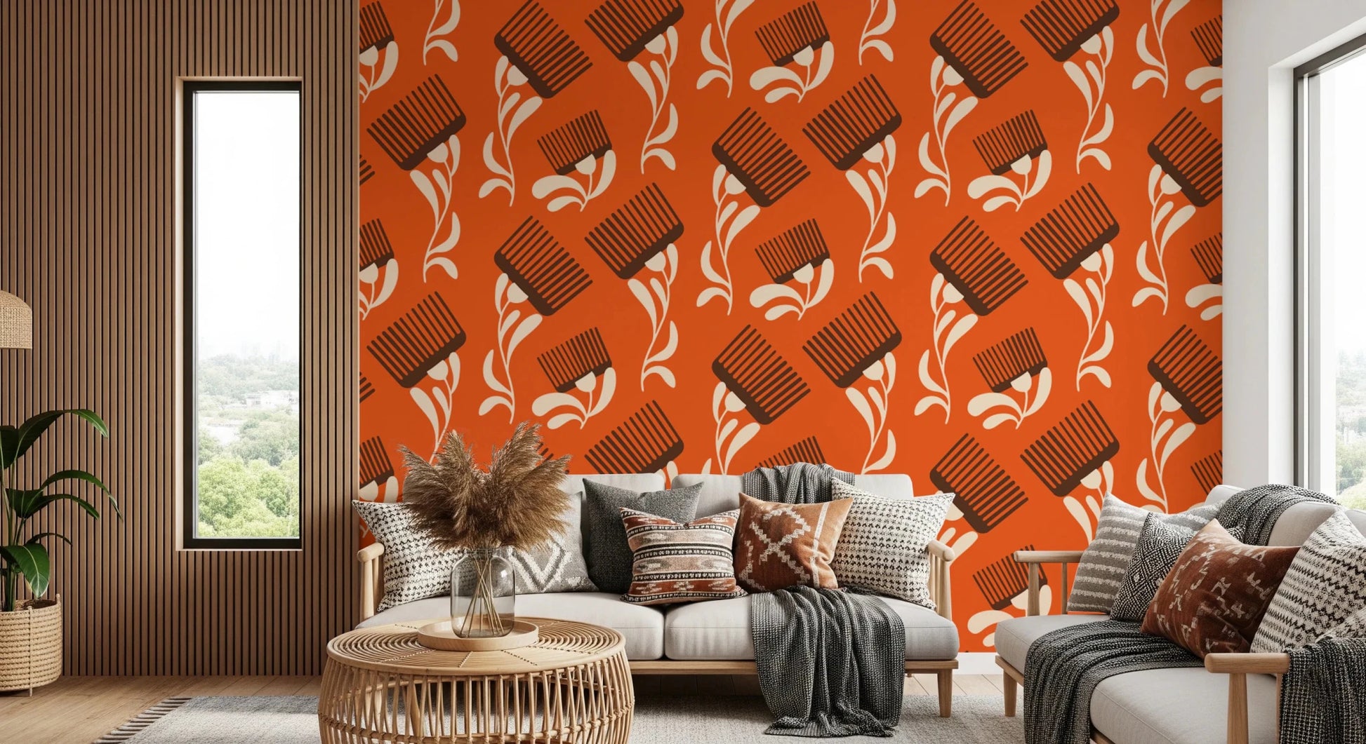 Mid Mod Wildflower Comb - Terracotta Chocolate Wallpaper⁠