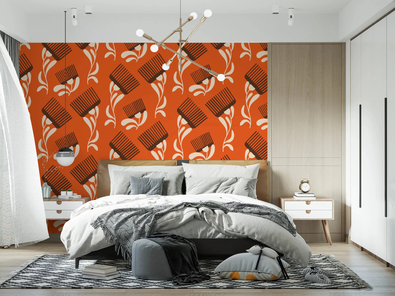 Mid Mod Wildflower Comb - Terracotta Chocolate Wallpaper⁠