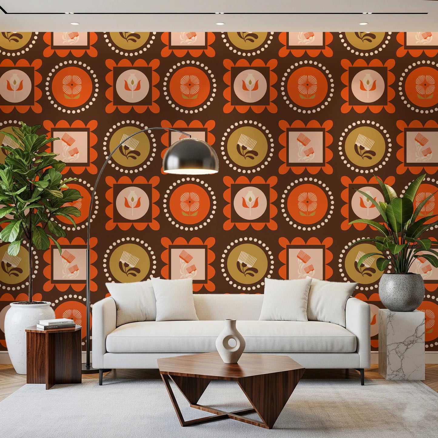 Mid Mod Wildflower Frames - Botanical Collage Chocolate Terracotta Wallpaper⁠