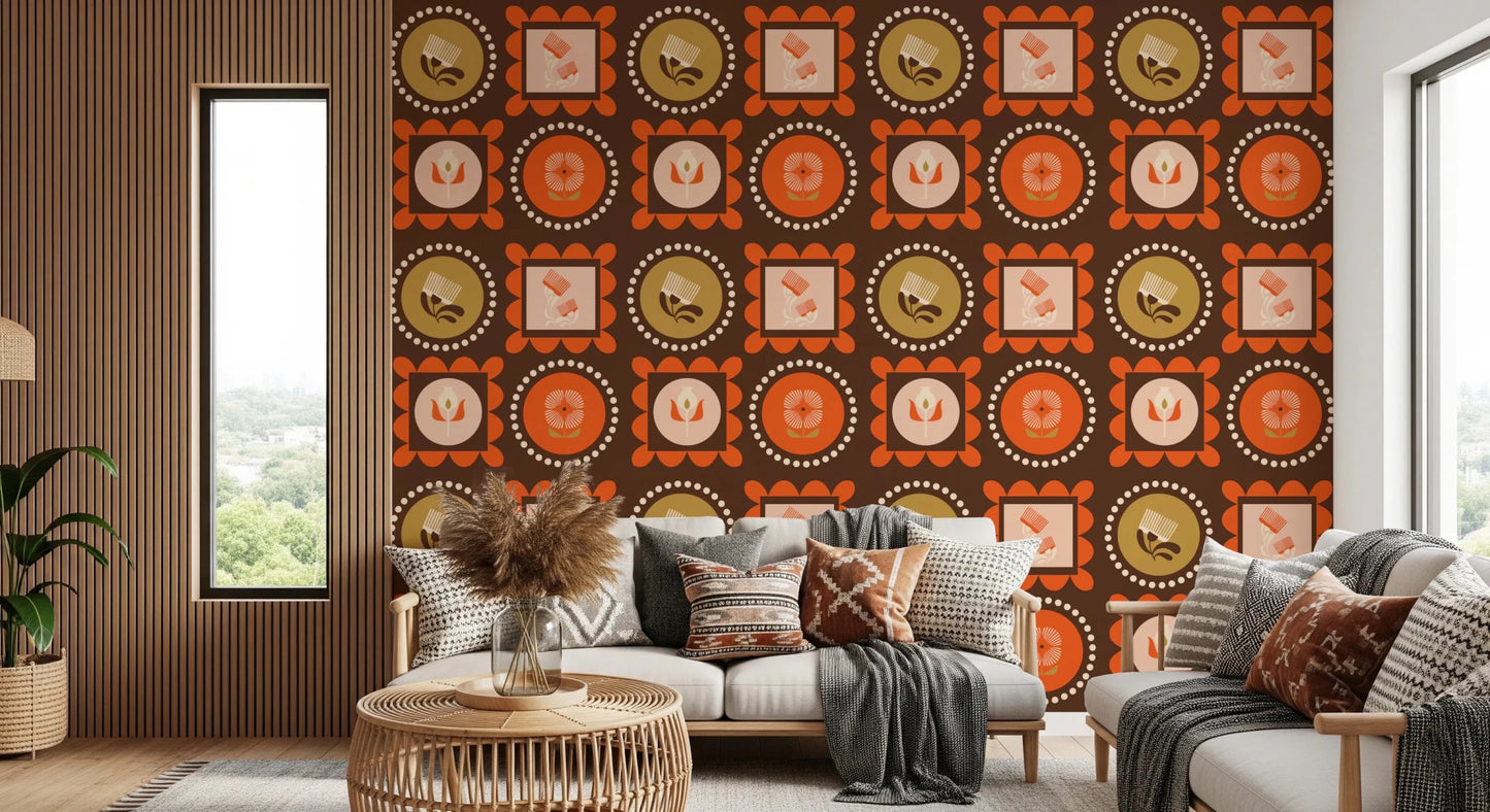 Mid Mod Wildflower Frames - Botanical Collage Chocolate Terracotta Wallpaper⁠
