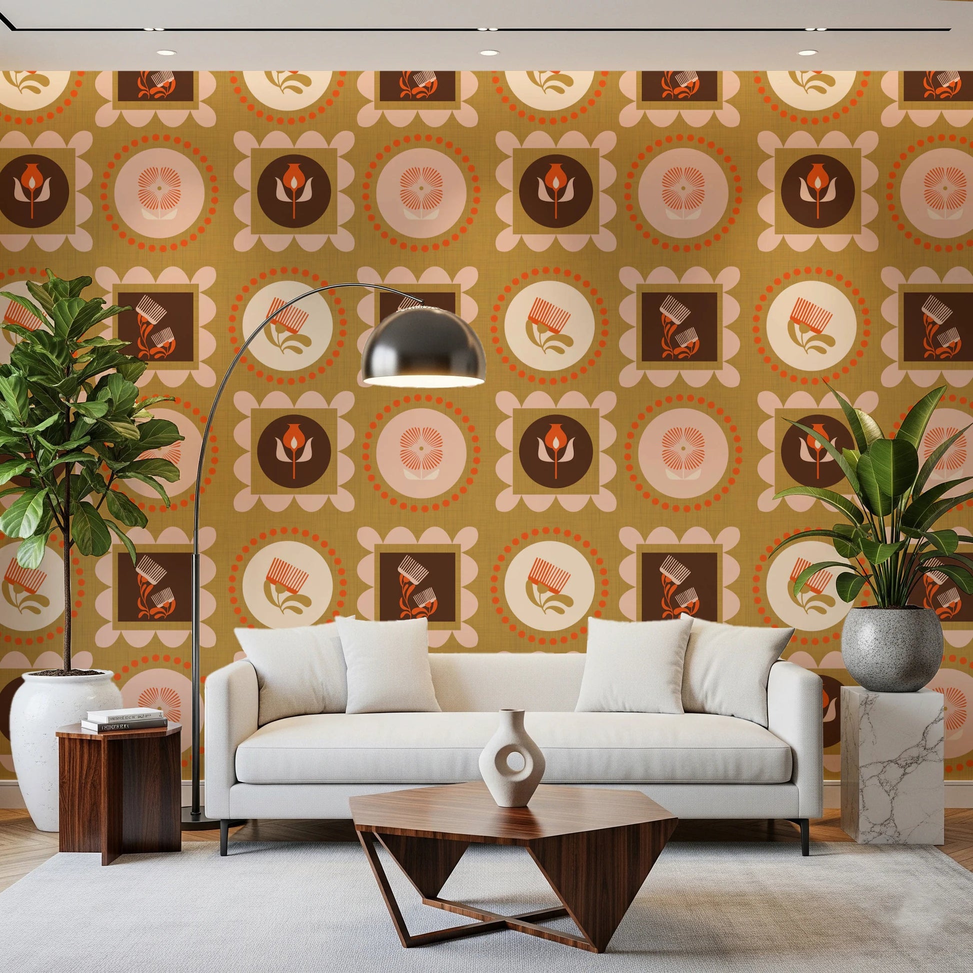 Mid Mod Wildflower Frames - Botanical Collage Cream Terracotta Wallpaper⁠