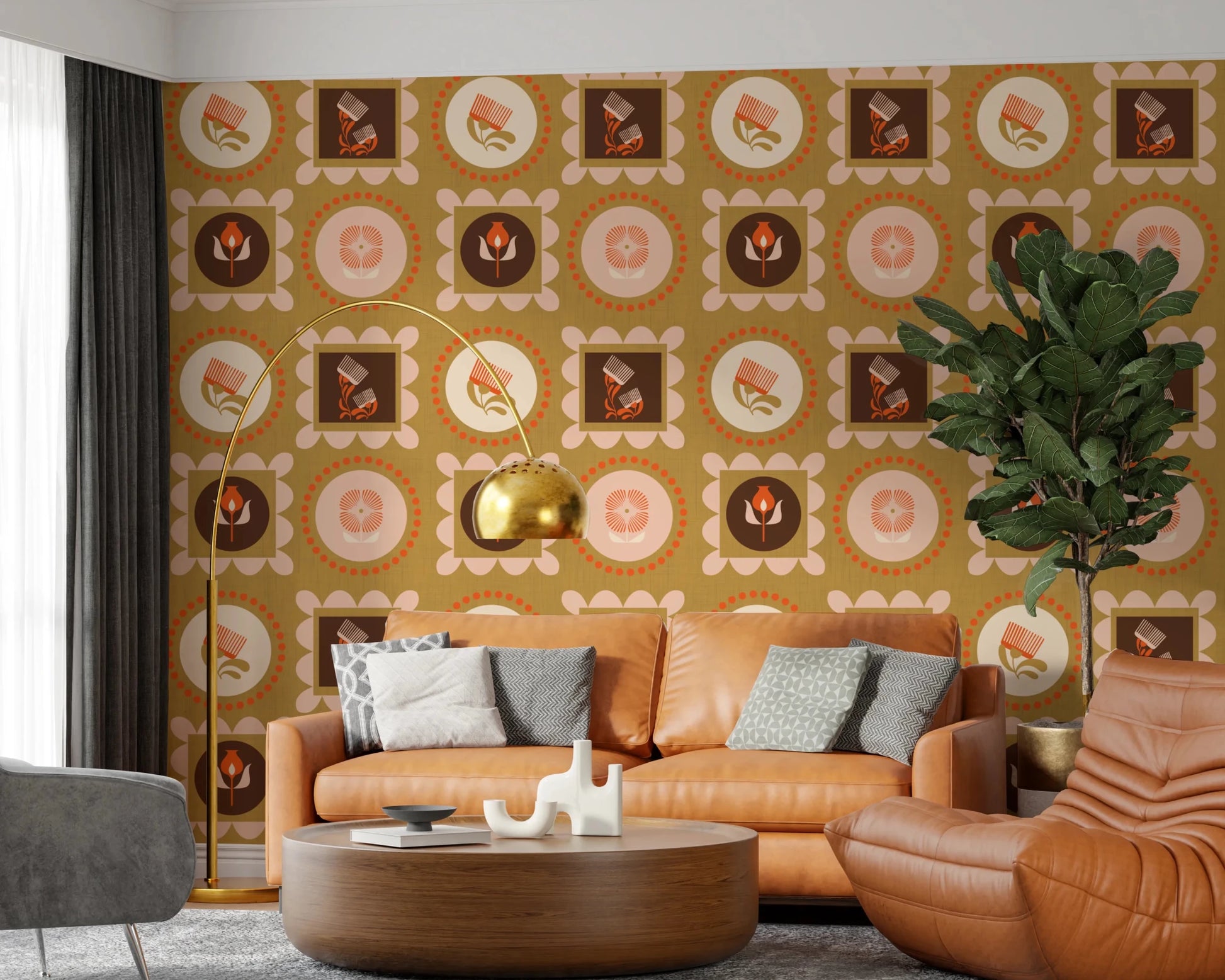 Mid Mod Wildflower Frames - Botanical Collage Cream Terracotta Wallpaper⁠