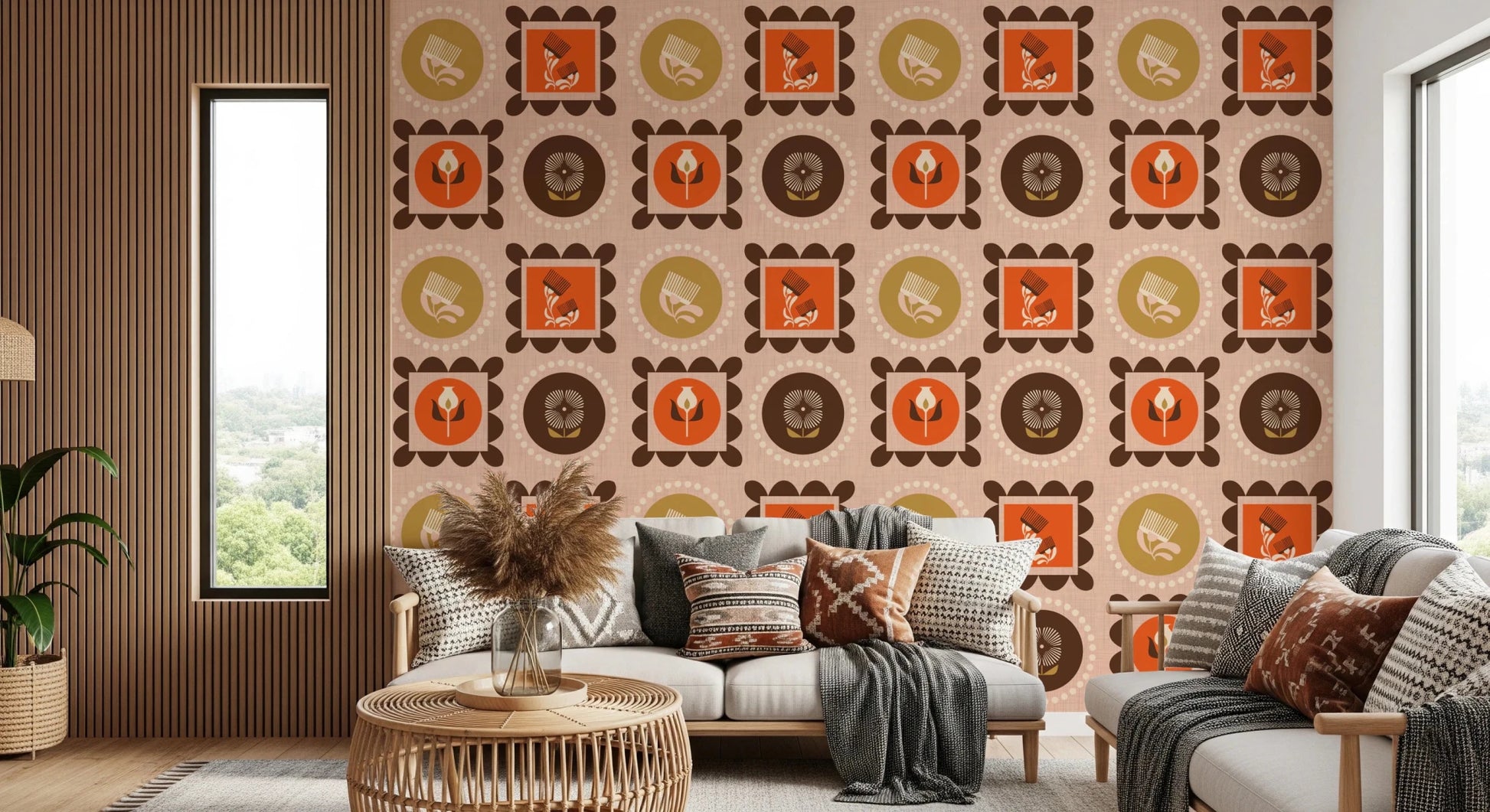 Mid Mod Wildflower Frames - Botanical Collage Ocher Terracotta Wallpaper⁠