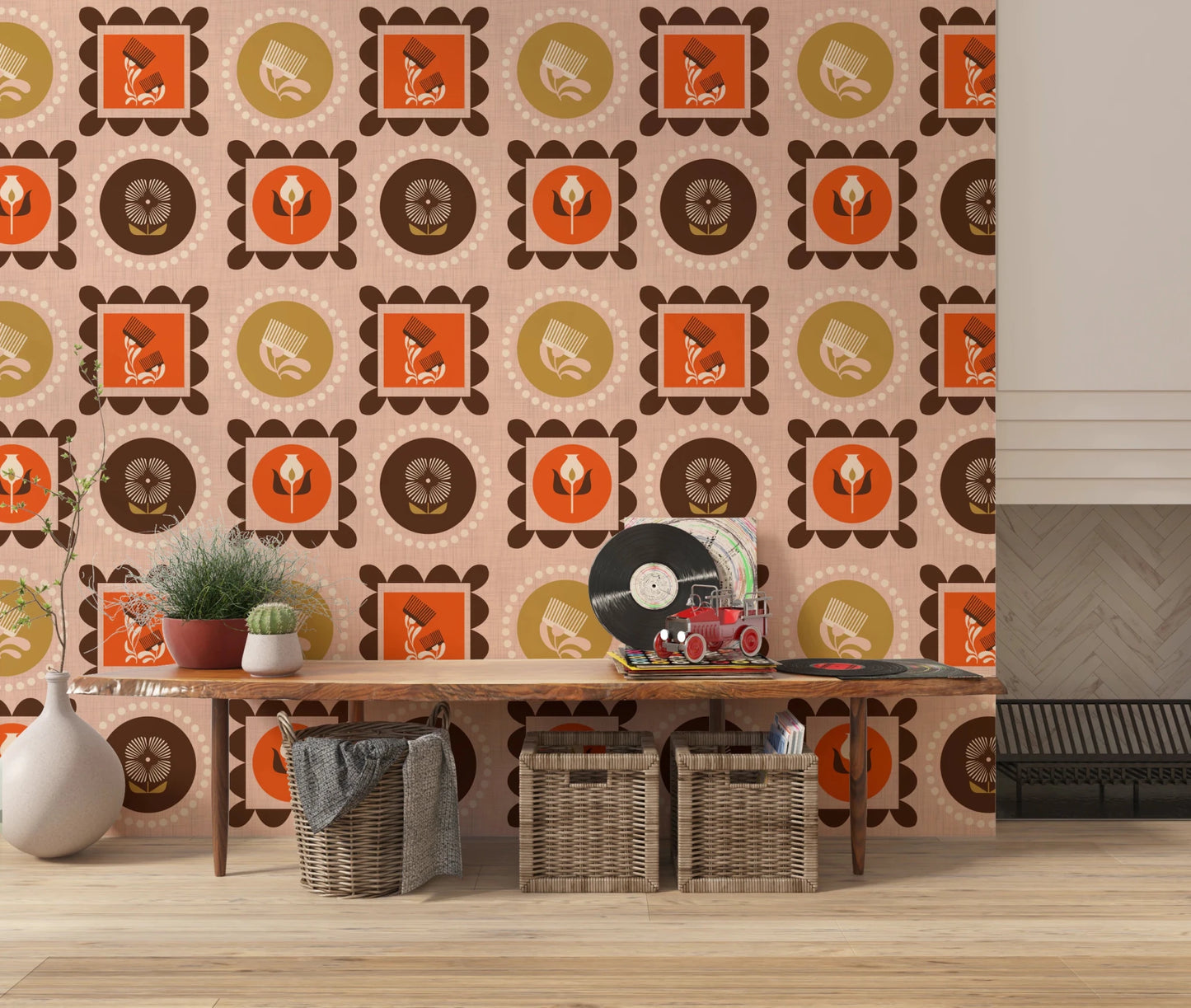 Mid Mod Wildflower Frames - Botanical Collage Ocher Terracotta Wallpaper⁠