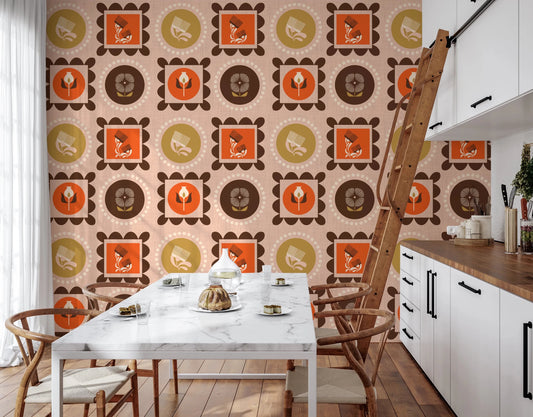Mid Mod Wildflower Frames - Botanical Collage Ocher Terracotta Wallpaper⁠