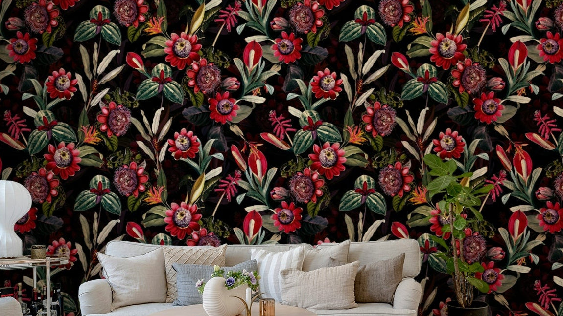 Close-up of Midnight Bloom 2 wall mural featuring bold, dark flowers.

