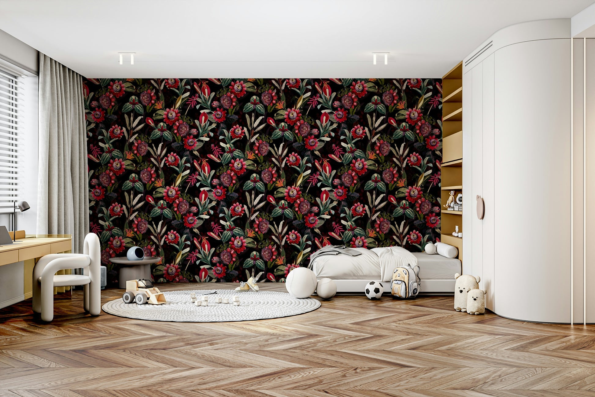 Elegant floral wallpaper with deep blooms and dark foliage.

