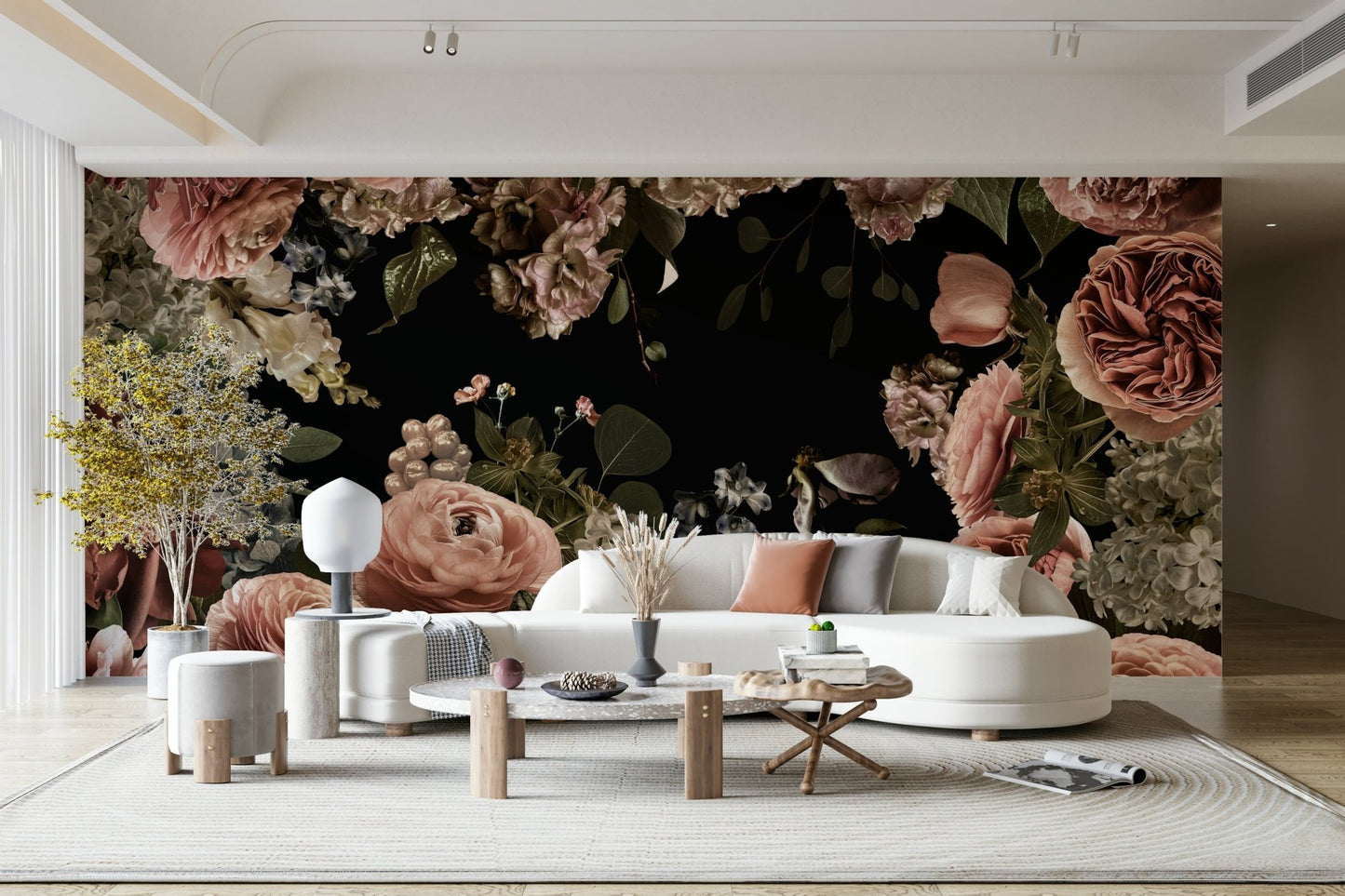 The mural is installed in a modern, eclectic living room.

