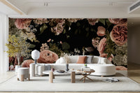 The mural is installed in a modern, eclectic living room.

