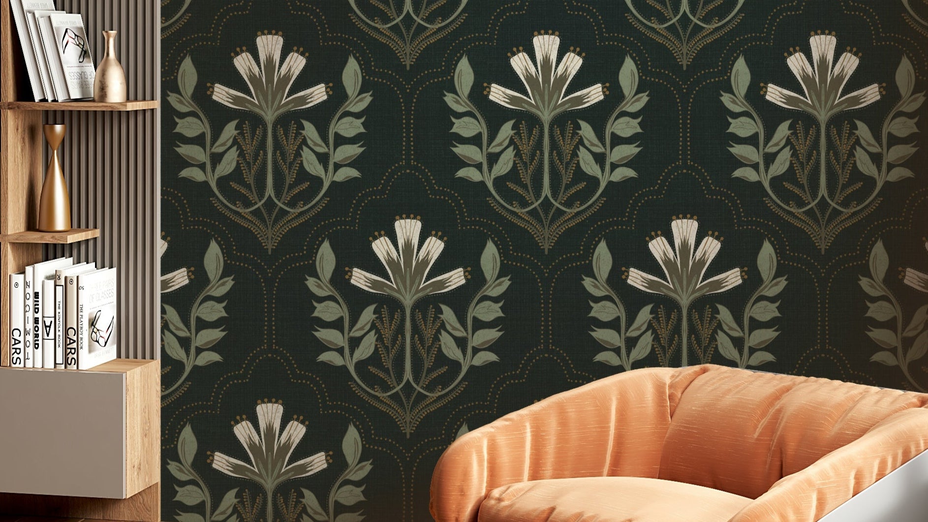 Midnight blue floral tapestry wallpaper with intricate blooms

