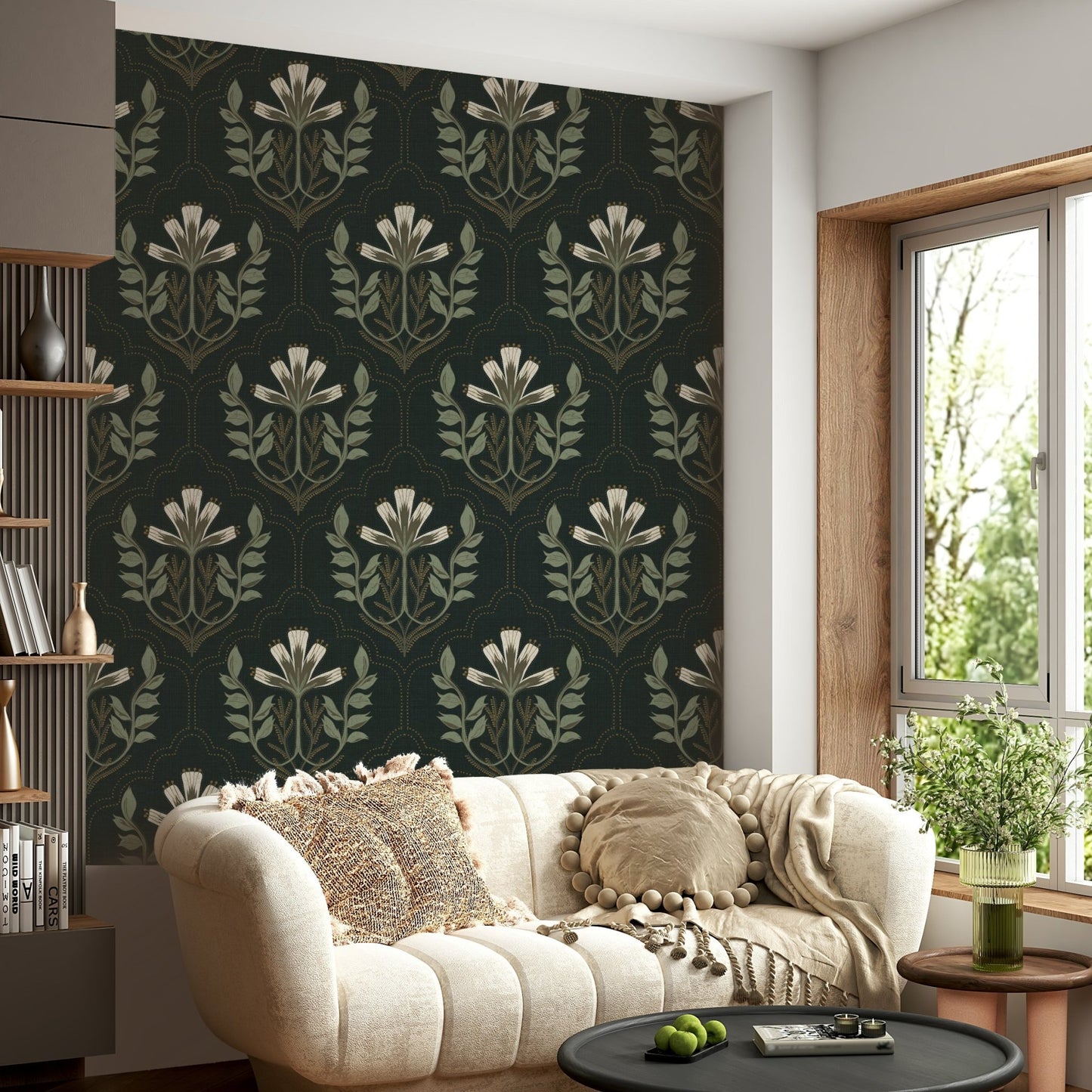 Elegant Midnight Bloom Tapestry Wallpaper with dark floral details

