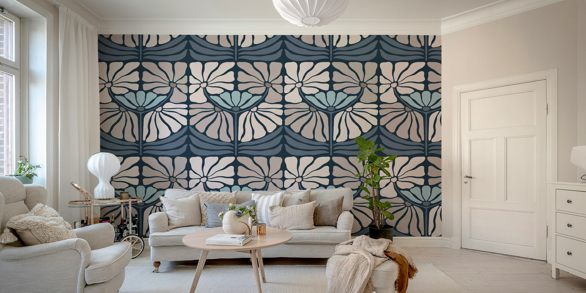 Midnight-themed wallpaper with bold botanicals

