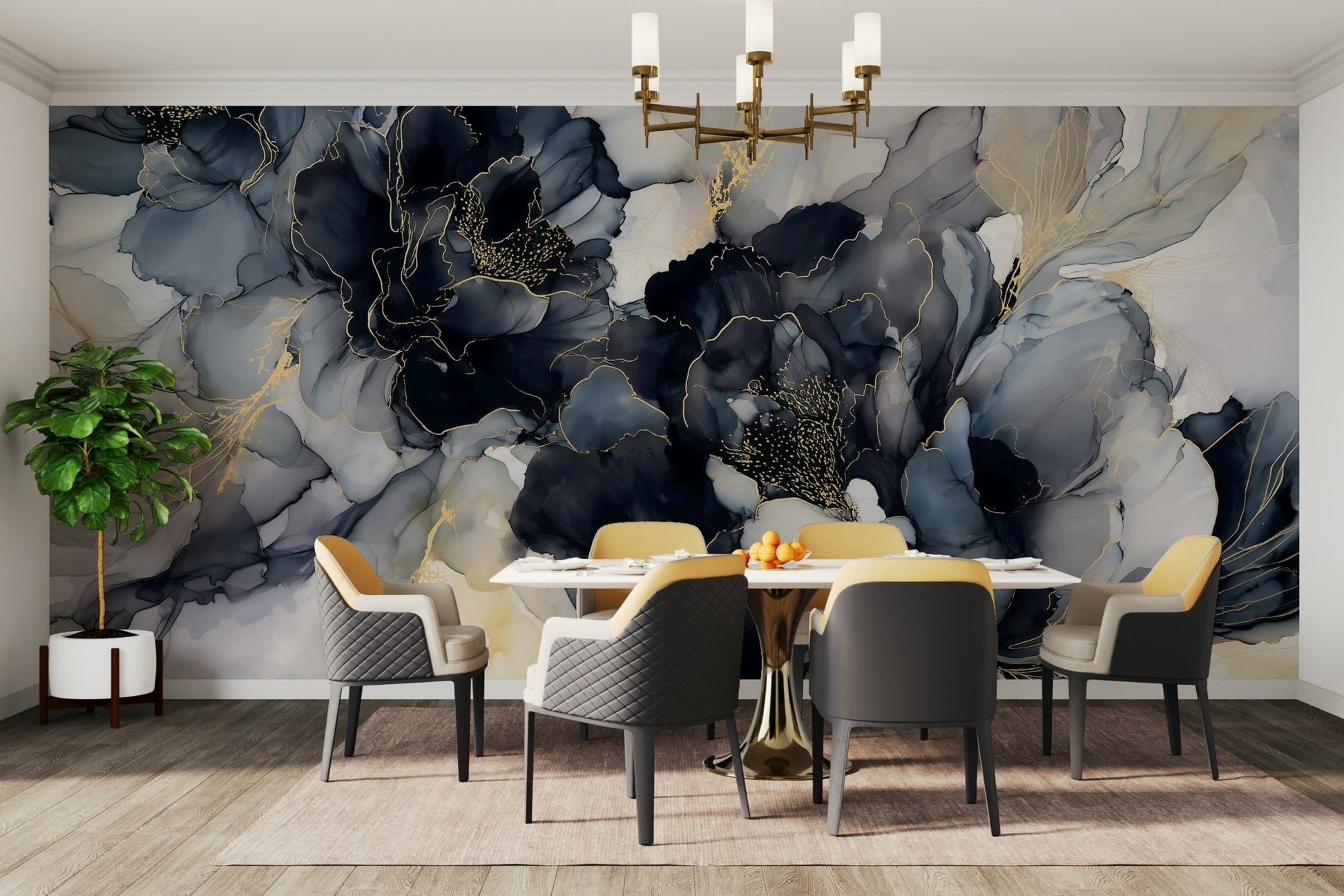 Black floral mural wallpaper for walls