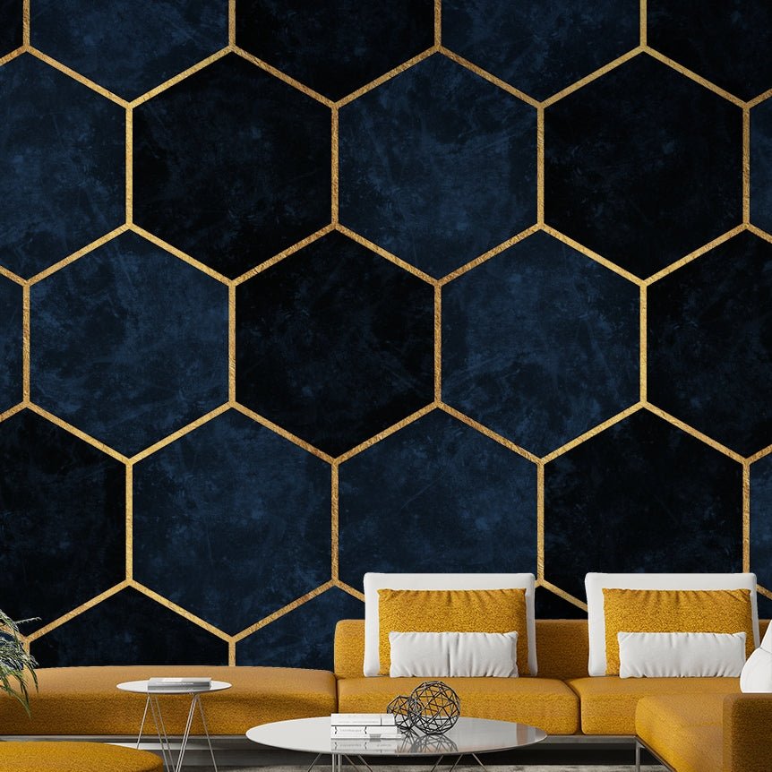 Dark and elegant midnight blue hexagon mural for modern rooms.

