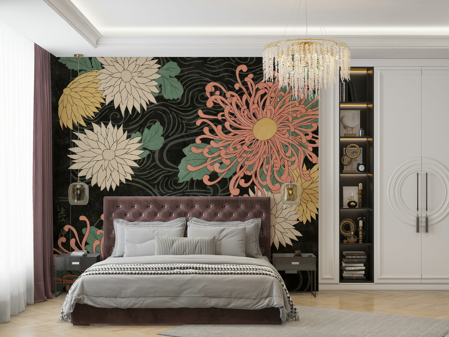 Chrysanthemum Japanese print mural for living rooms or bedrooms.

