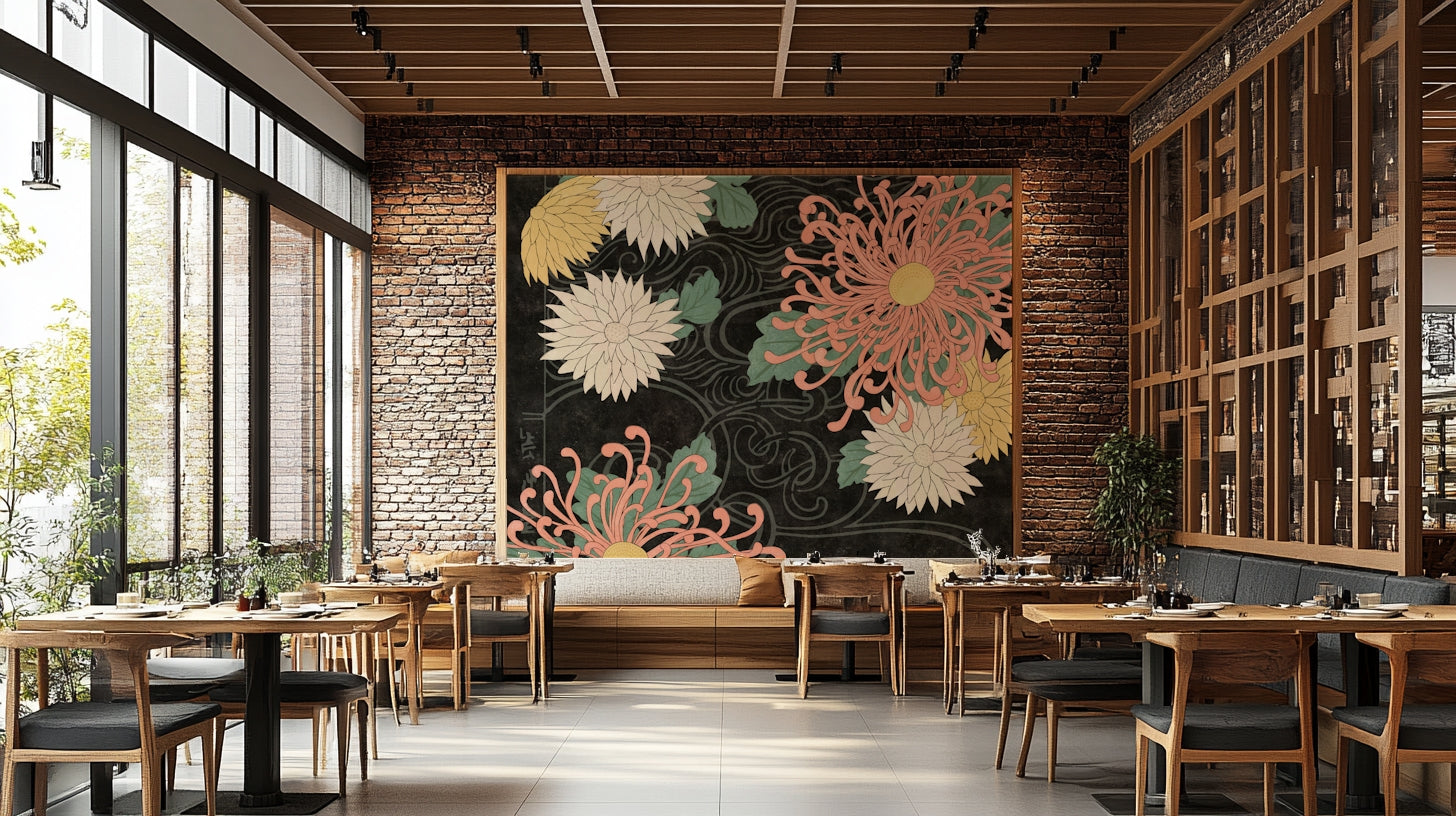 Elegant chrysanthemum wall mural in dark tones for any room.

