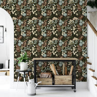 Mysterious midnight forest wallpaper with blooming flowers

