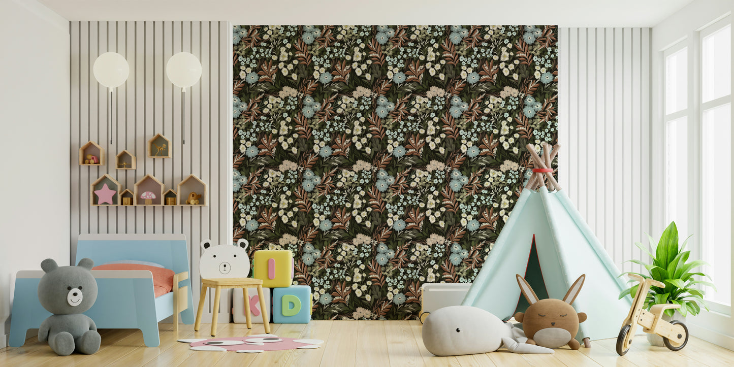 Dramatic floral wallpaper inspired by midnight woods


