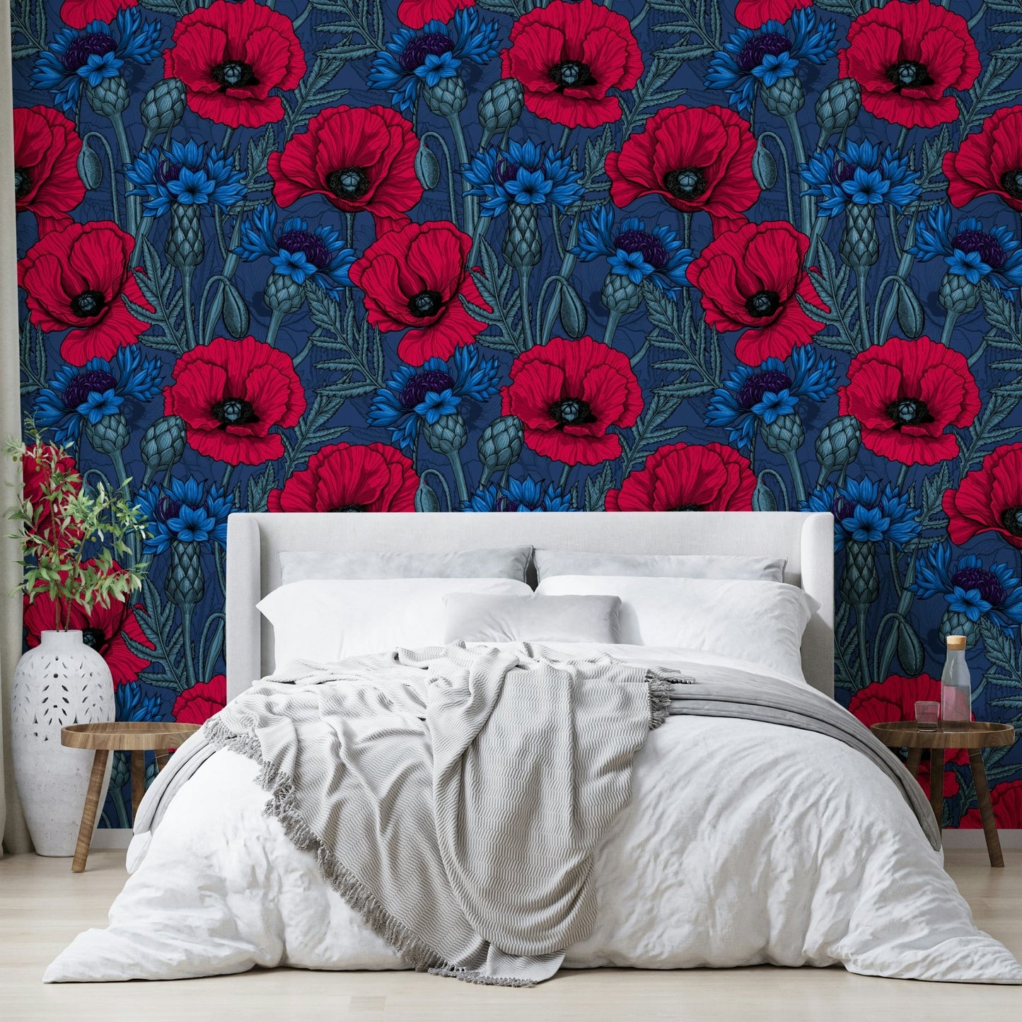 Bedroom wall covered in rich floral mural wallpaper

