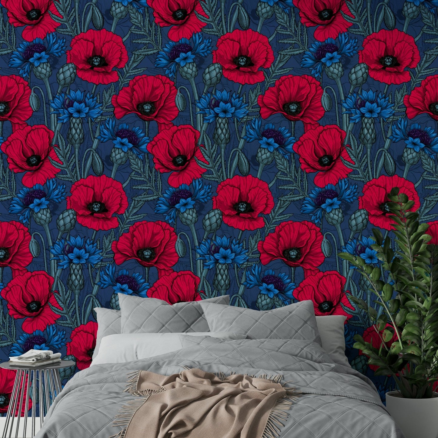 Deep matte wallpaper mural with red and blue blooms

