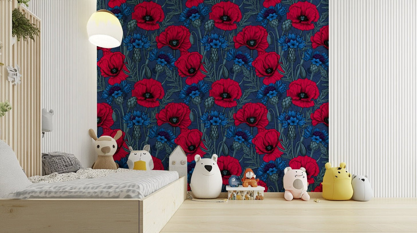 Dark backdrop with red poppies and blue cornflowers wallpaper

