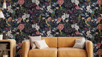 Midnight Garden Rhapsody Wallpaper with deep dark blooms and leaves.

