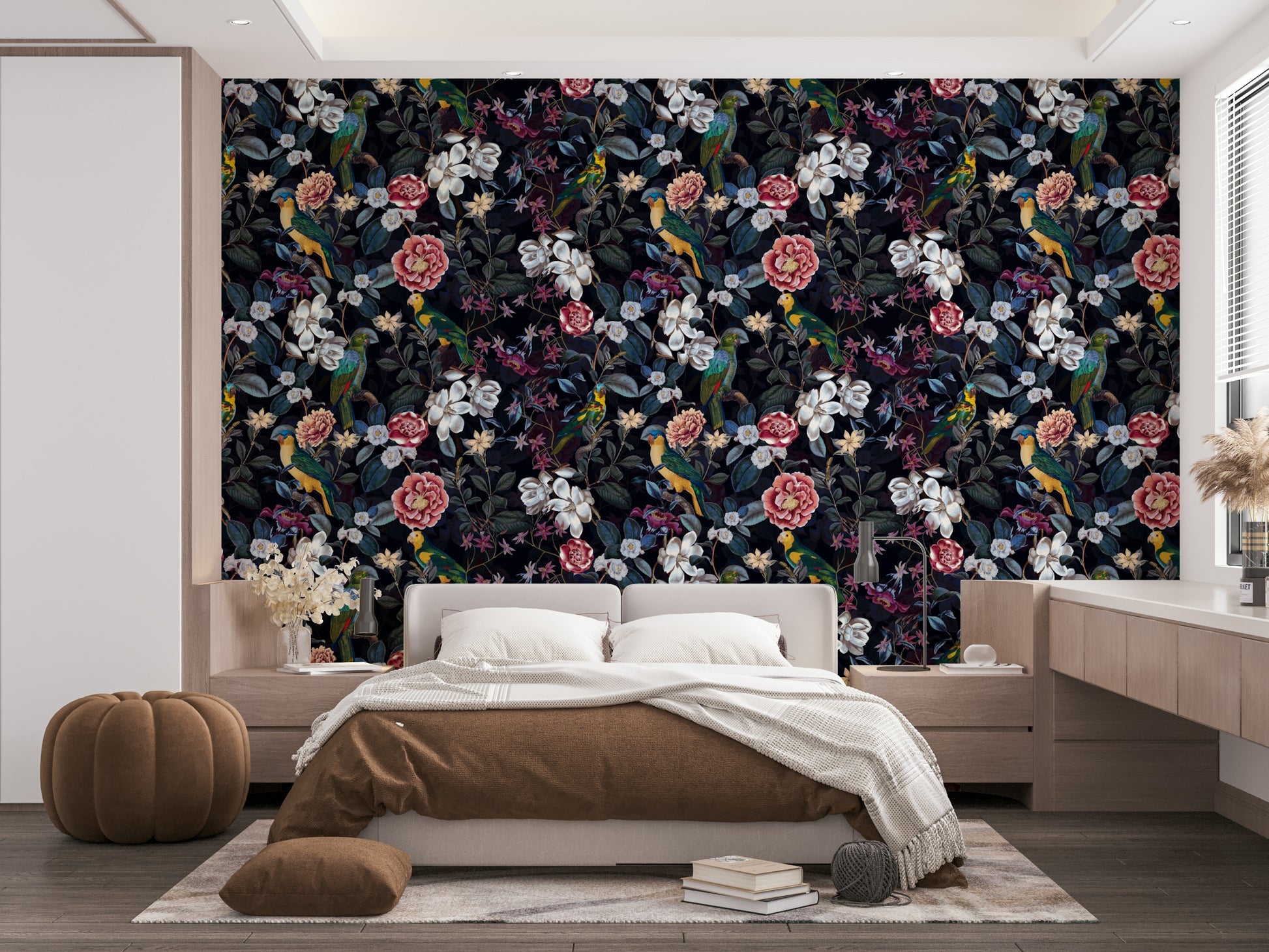 Elegant wall mural with dark flowers and lush greenery in Midnight Garden Rhapsody.

