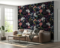 Close-up of Midnight Garden Rhapsody wall mural featuring rich floral details.

