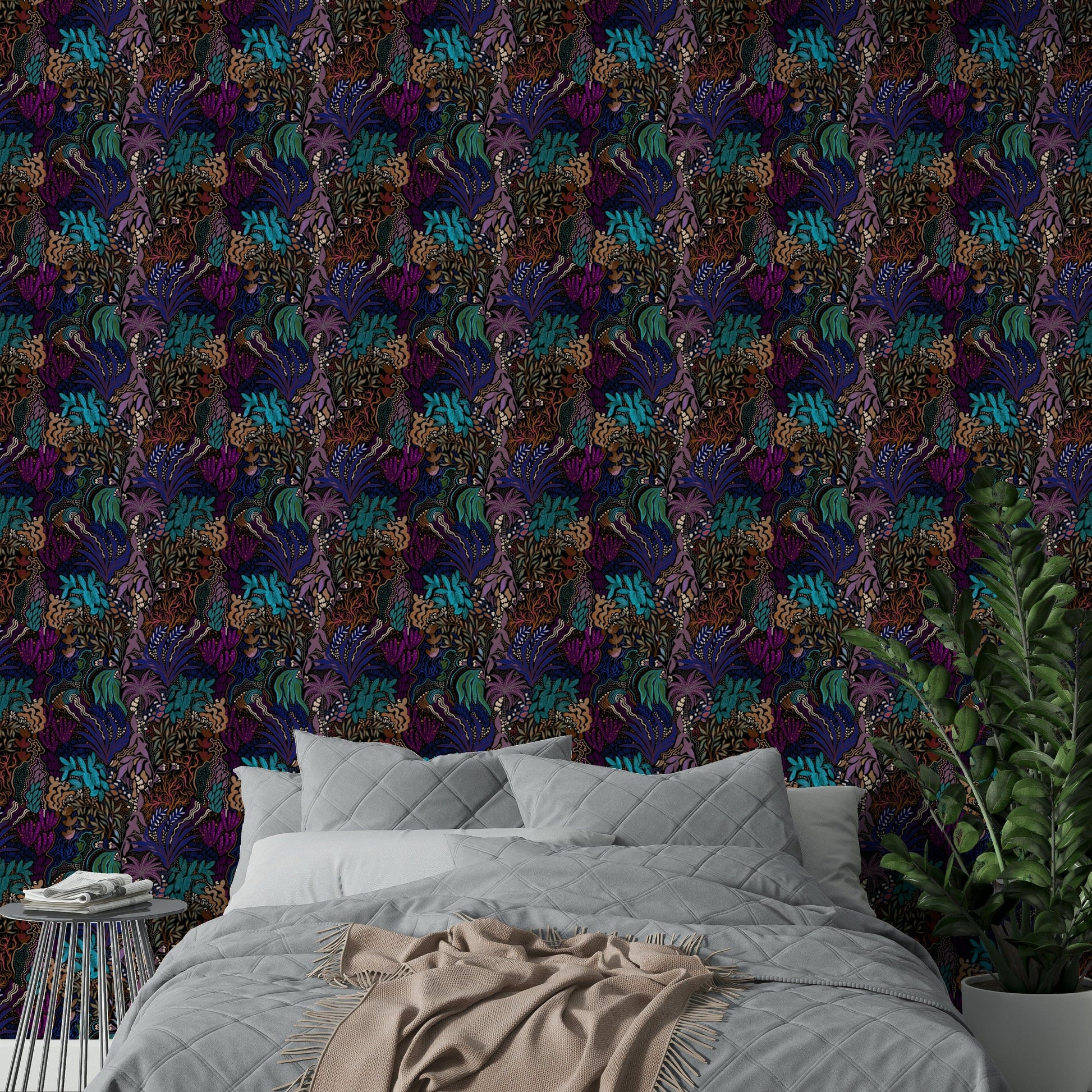 A calming jungle design wallpaper mural that defines a space.

