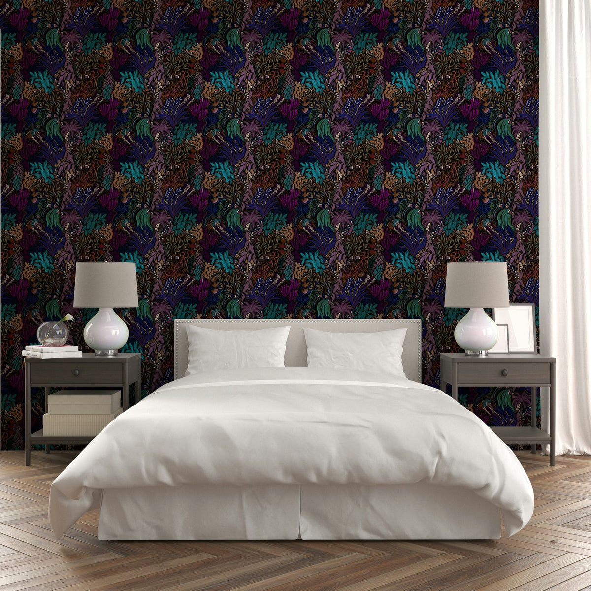 An artistic dark botanical mural for home decor.

