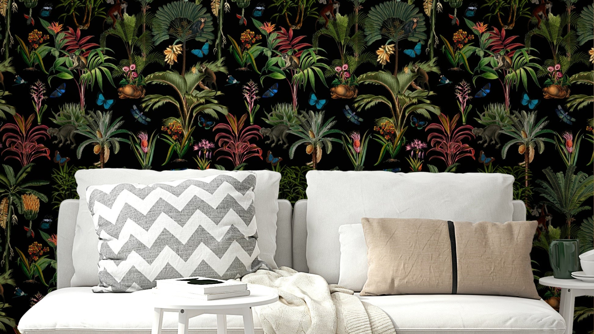 Tropical wall mural with vibrant greenery against a midnight sky.

