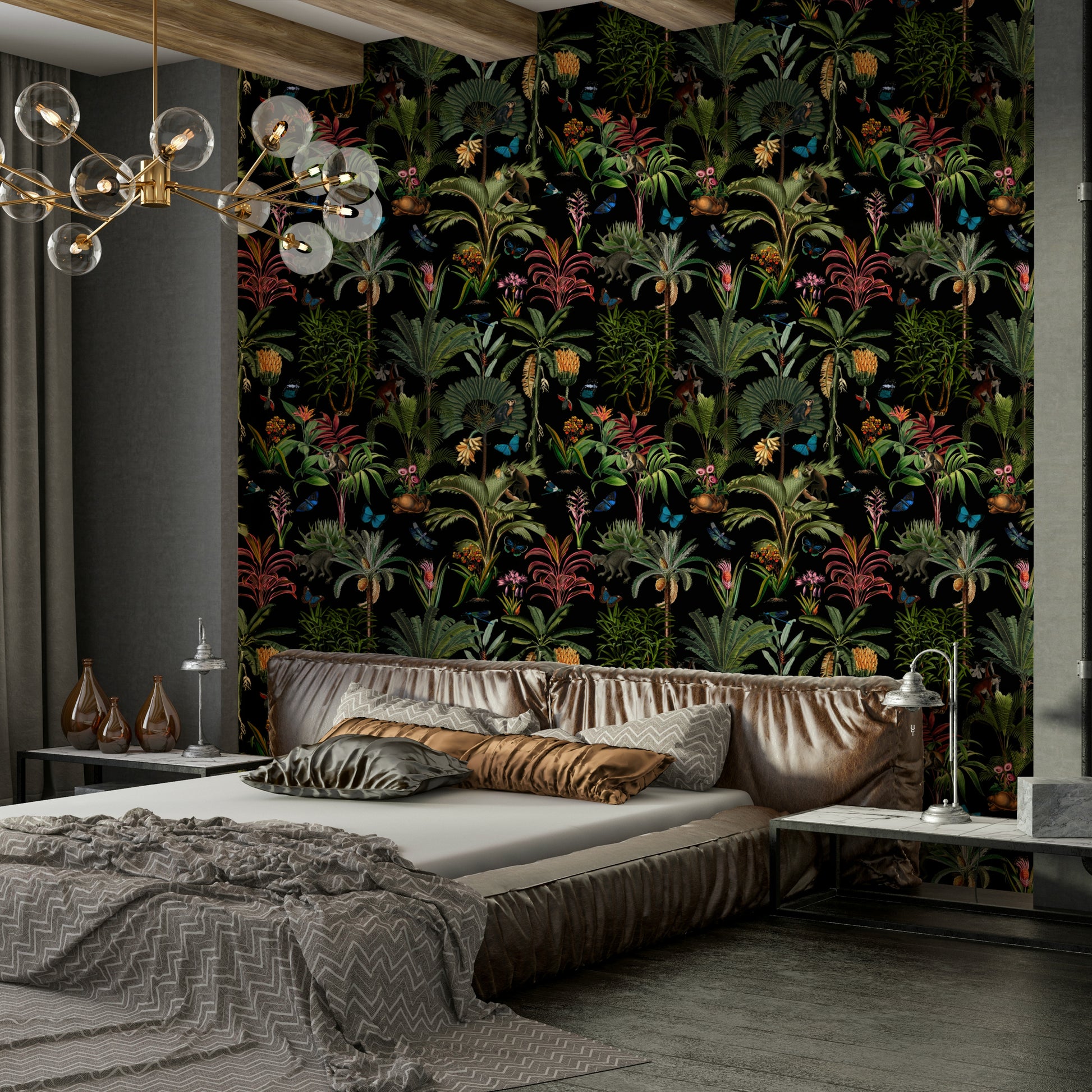 Midnight Jungle Wallpaper with tropical plants and vivid flora.


