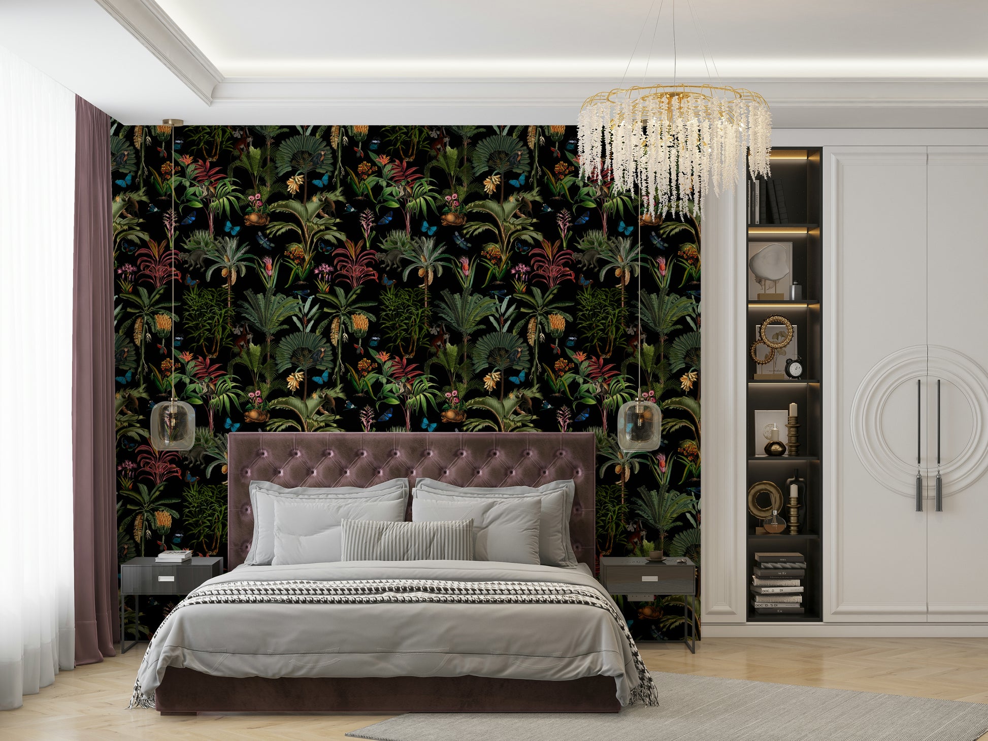 Jungle-inspired mural with vibrant, tropical details and dark tones.


