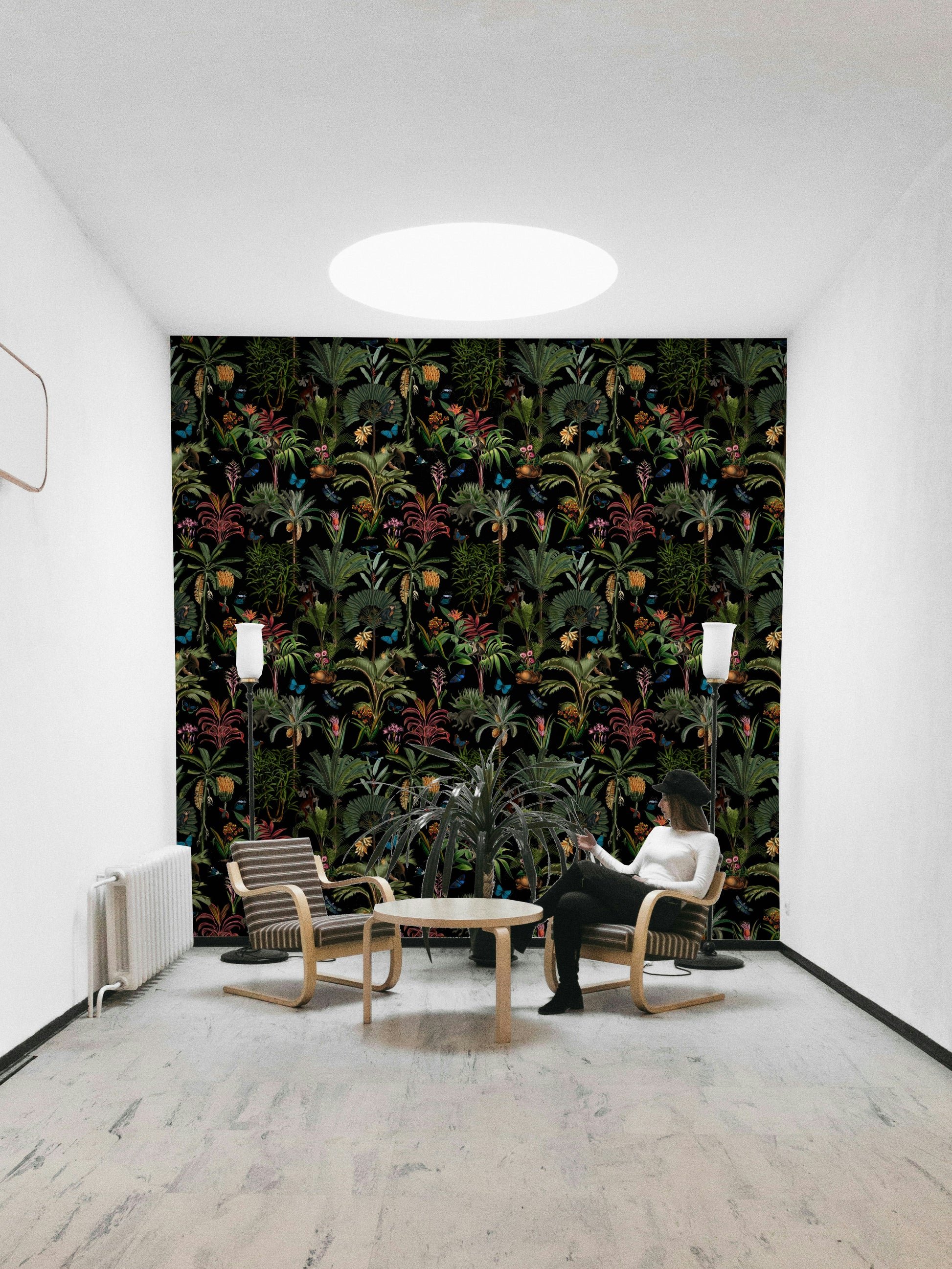 Midnight jungle mural featuring colorful flora and dramatic shadows.

