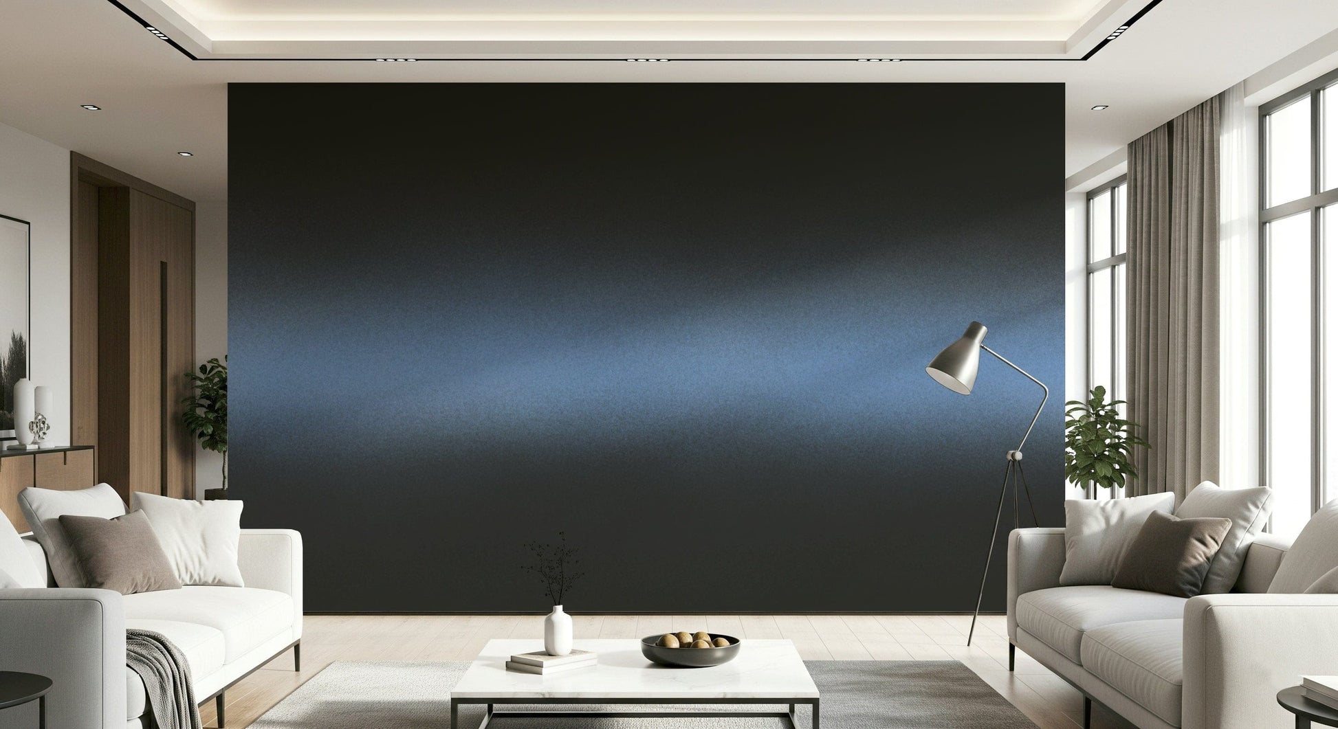 A peaceful dark sky mural on decorative wallpaper.

