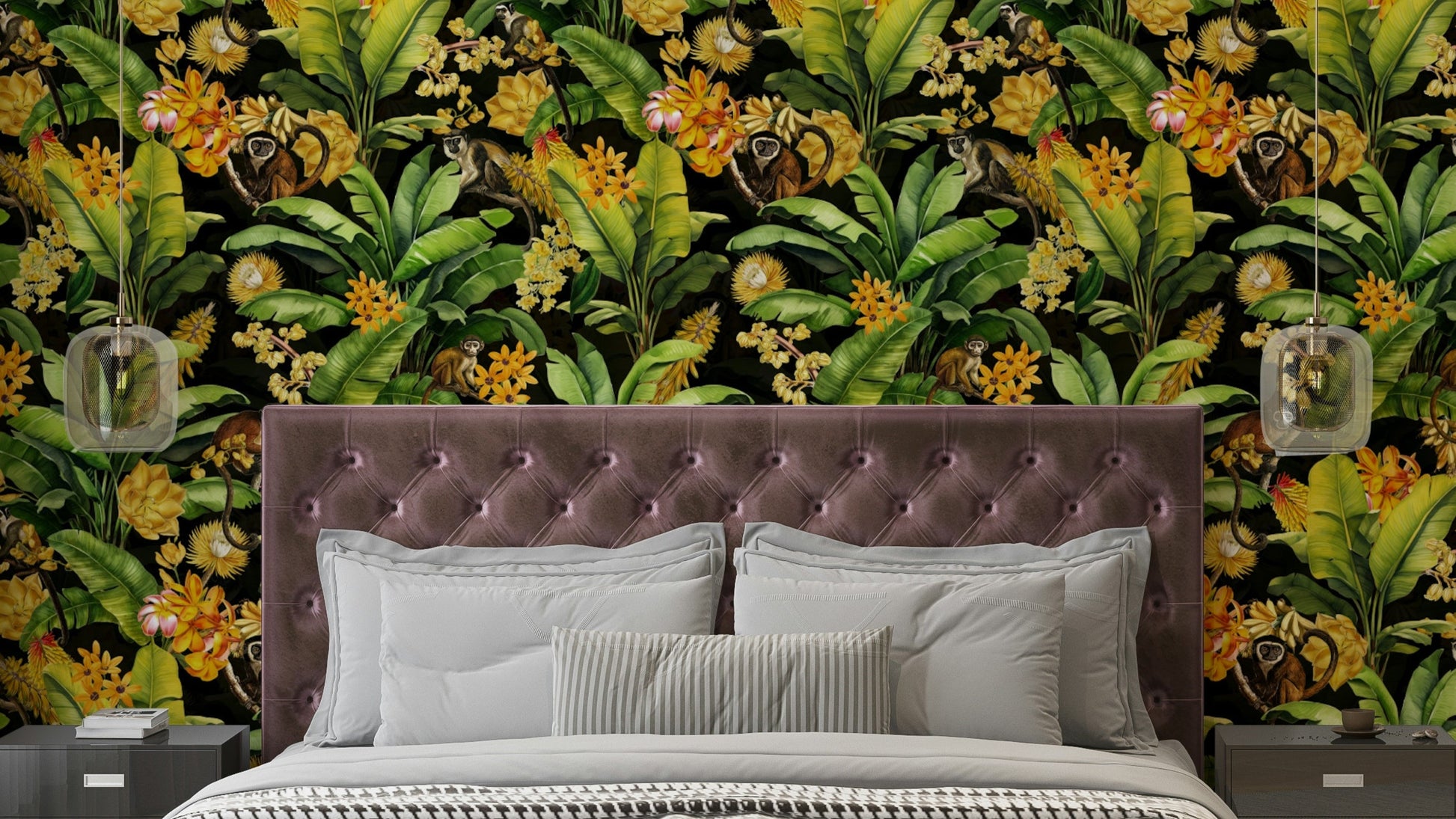 Midnight Monkeys Wallpaper with monkeys swinging on dark blue background.

