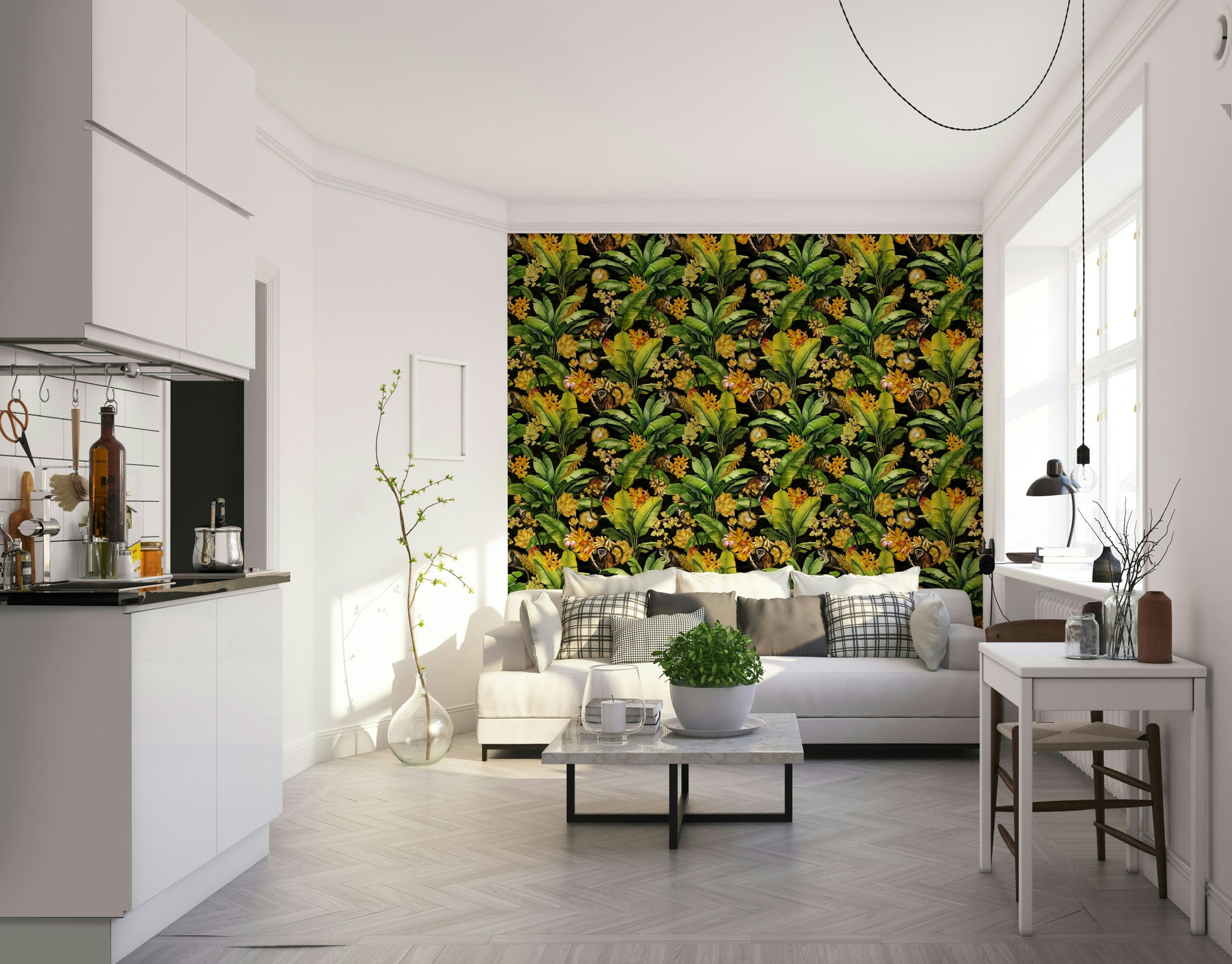 Midnight Monkeys mural with golden accents and lush greenery.


