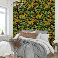 Jungle-inspired wallpaper featuring monkeys and tropical leaves on a midnight blue backdrop.

