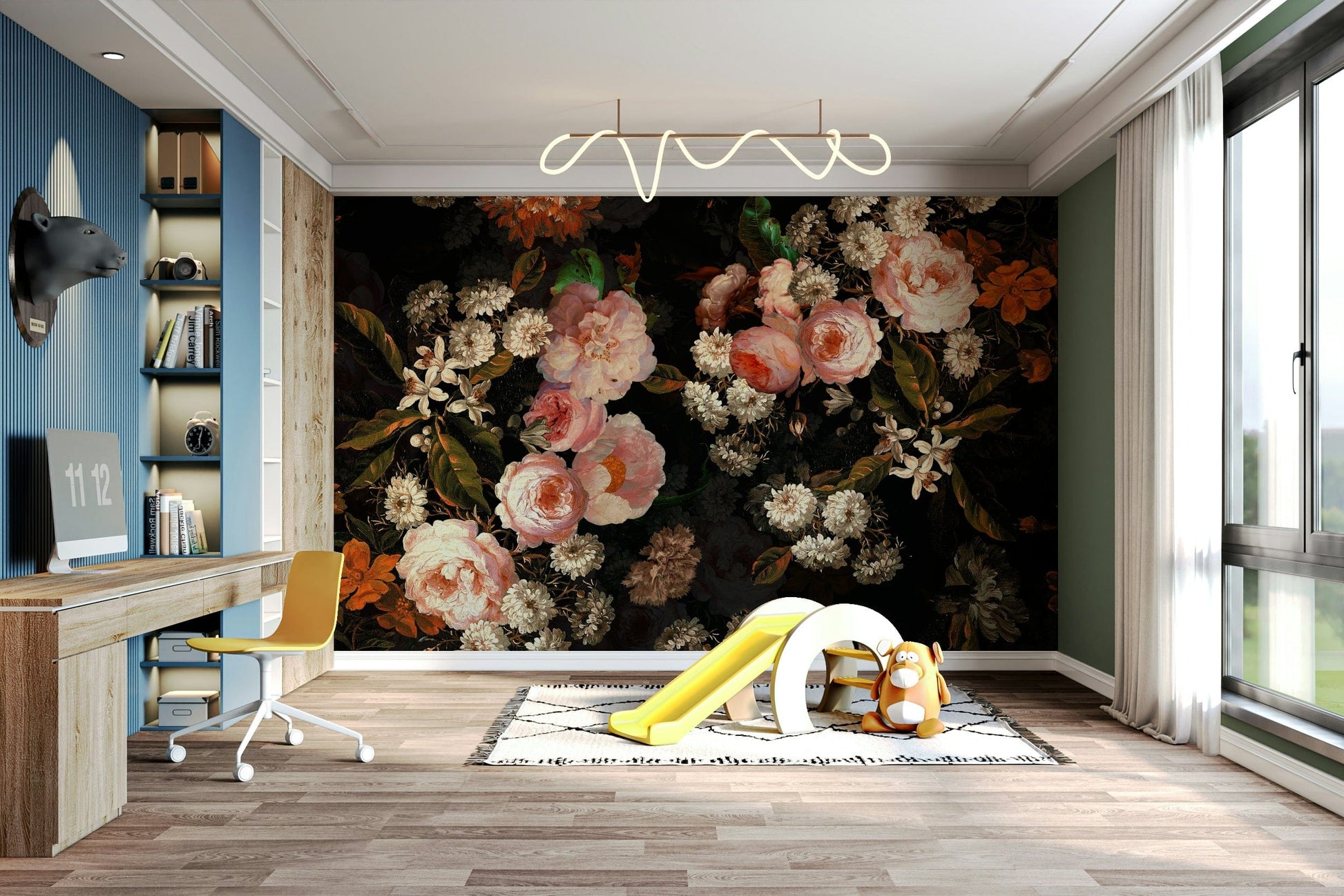 A botanical wallpaper with dark flowers.