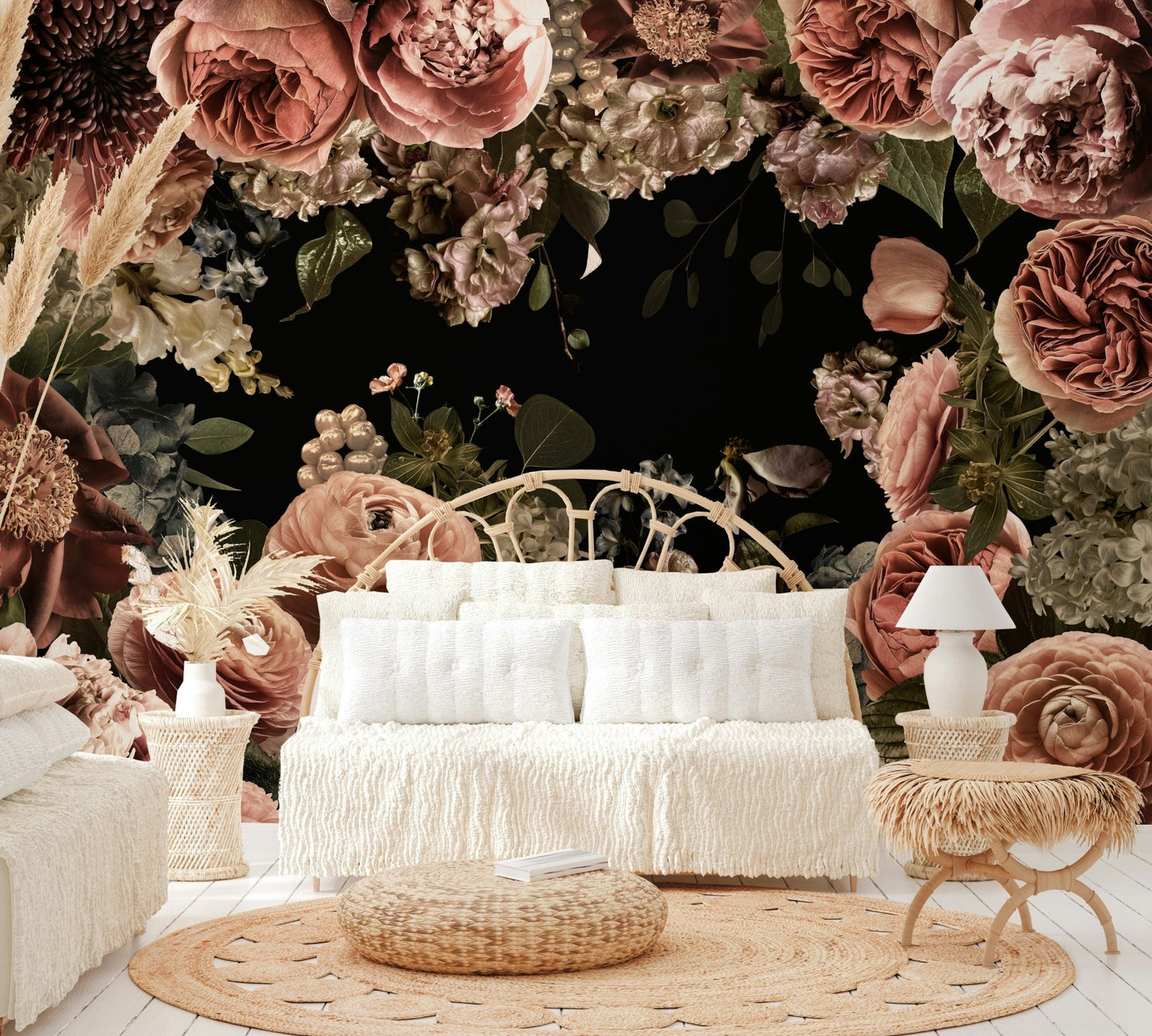 The mural is installed in a modern, eclectic living room.

