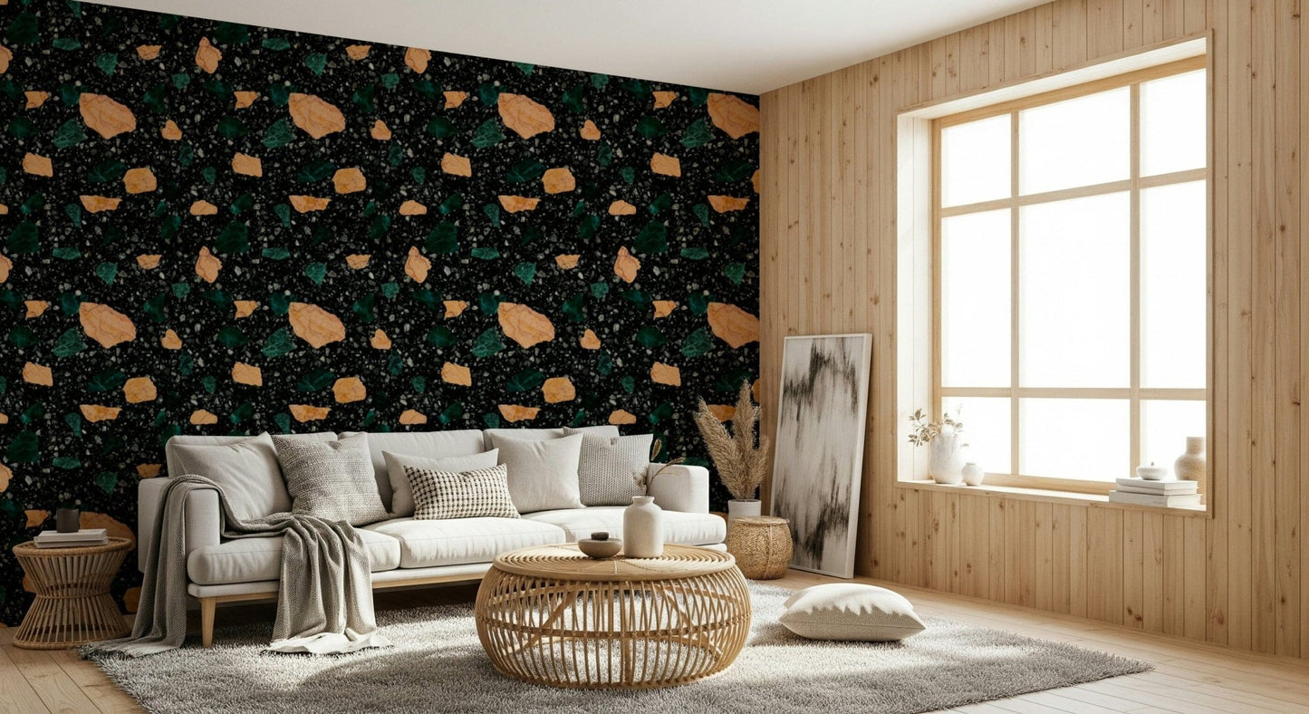 Black Stone Terrazzo mural orange green marble specks.