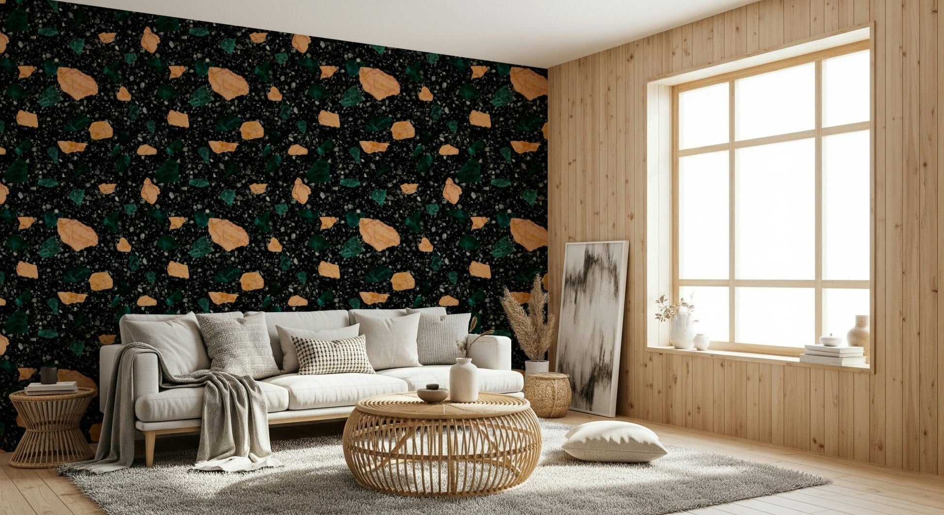 Black Stone Terrazzo mural orange green marble specks.