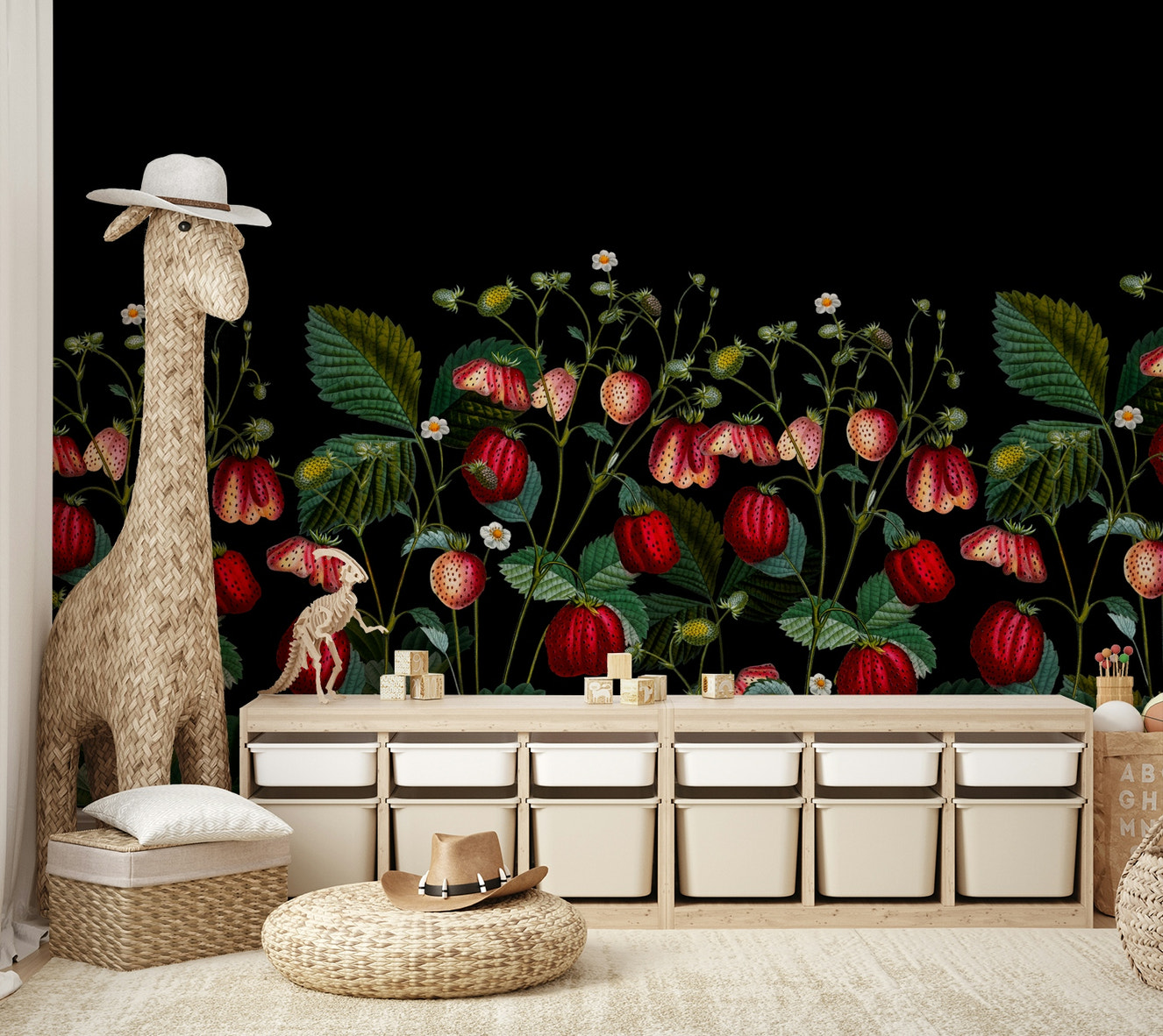 Midnight Strawberry Garden mural wallpaper

