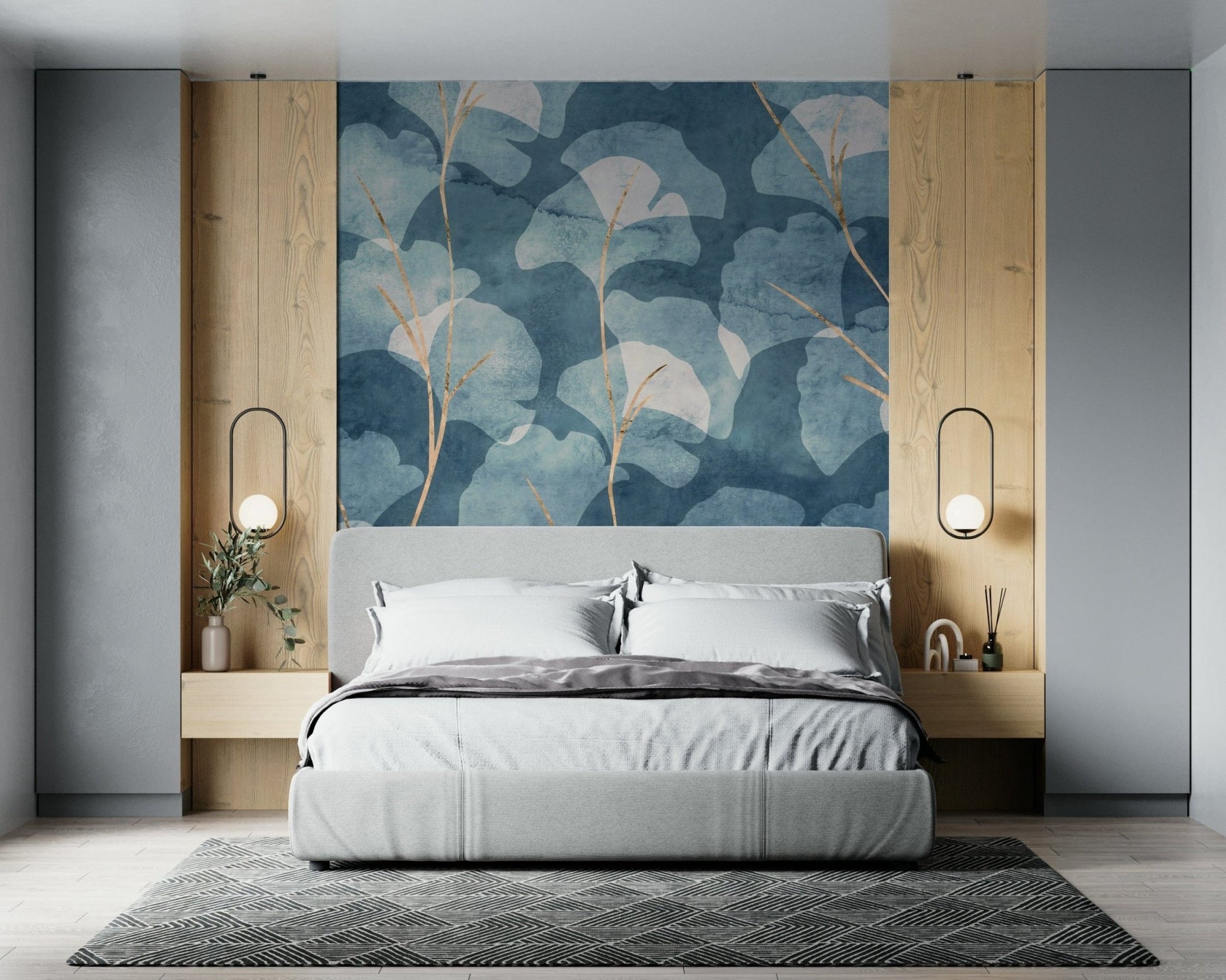 Artistic wallpaper mural Midwinter Gingko Cyanotype with organic shapes.