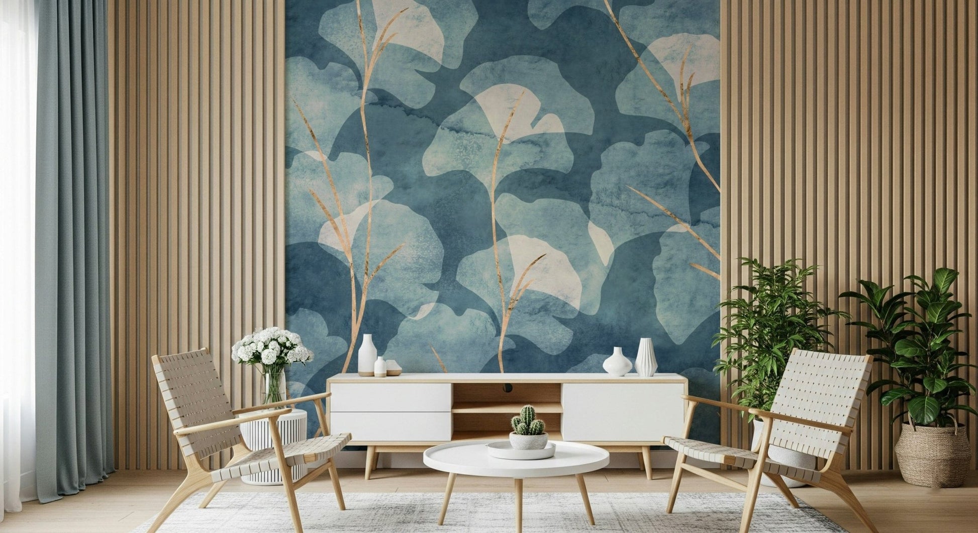Midwinter Gingko Cyanotype peel and stick wallpaper floral design.